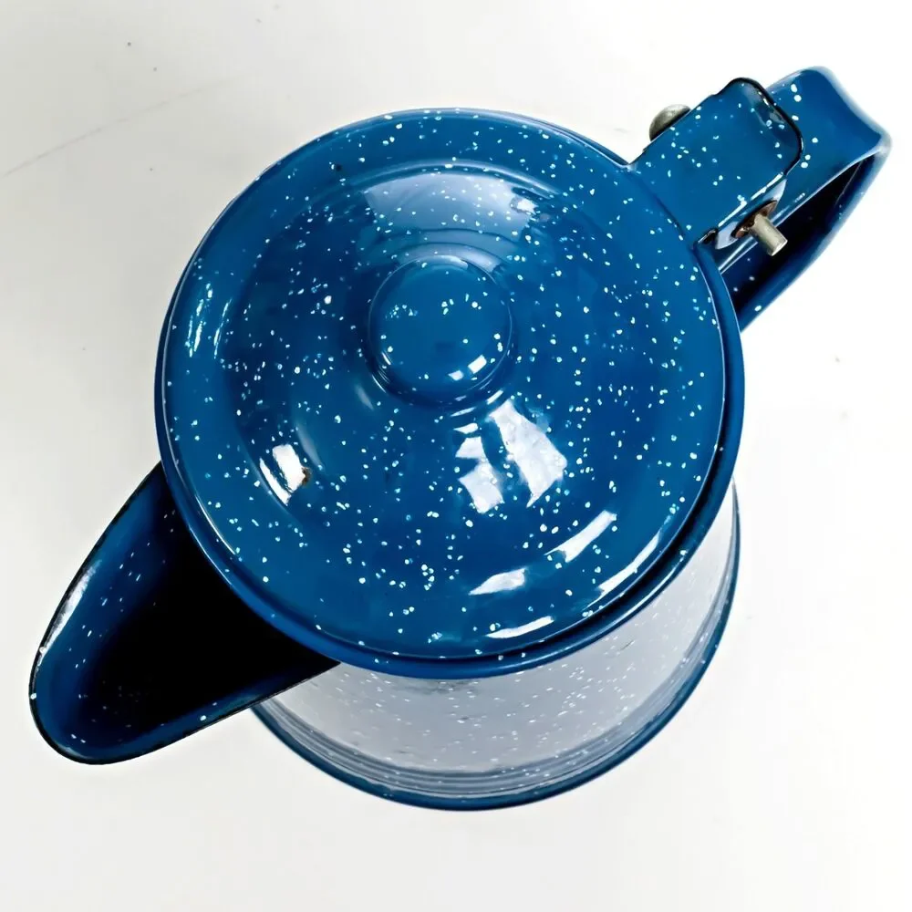Vintage Enamel Blue & White Speckled Camping/Cowboy Coffee Pot Kettle 7.5in